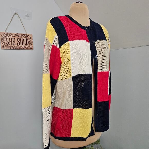 Breckenridge Americana Patriotic Red Blue Color Block Button Front Cardigan L - Picture 5 of 11